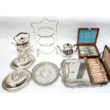 A quantity of silver plated wares to include cutlery, plate stand, tray, teapot and burner,