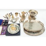 A collection of silver plated items including tea sets, trays, condiments, pewter flat wares,