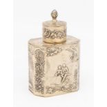 An early 20th Century Hanau silver tea caddy and cover, the body chased with two pairs of 18th