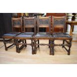 A set of four late 20th Century rustic style darkwood chairs along with a small wooden bench