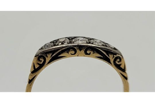 A precious yellow metal and diamond half-hoop ring, set five graduated old-cut diamonds, (yellow - Image 2 of 2