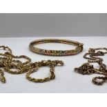 An Italian 10k three colour gold Bracelet, 12.1 grams in weight; a 9ct gold fine link necklace and