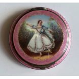 A pink guilloche enamel compact, the lid featuring an enameled courtly lady. (1)