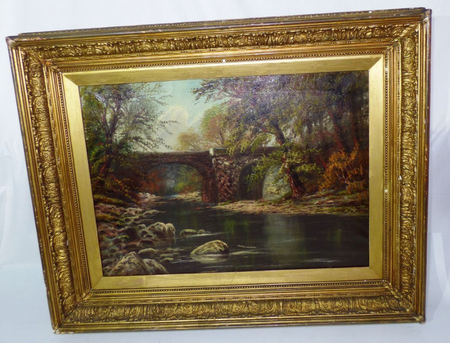 Oil on canvas of a river and bridge scene , 60cm x 75cm