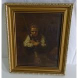 Oil on canvas painting of a girl with a broom , in a later frame .32cm x 26.5cm