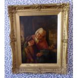 19th C oil on canvas of a woman and a child , in a gilt frame frame size 76cm x 64cm