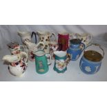 Collection of 19th C jugs and a blue jasper biscuit barrel  some damage