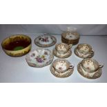 Dresden muffin dish and a bowl . Coalport cups and saucers and a Royal Doulton bowl with a view of