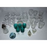 A quantity of glassware to include a set of five Victorian wine glasses with green glass bowls