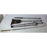 Set of 3 Victorian steel fire irons and a horse riding crop repair to shovel .