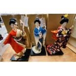 3x Japanese dolls, mounted on stands with original boxes (3)