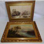 A print of a winter scene 39cm x 49cm and an oil painting of a lake scene in a later frame 38cm x