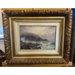 RJ Jones, Oil on Canvas 'Rugged Seascape', Dated 1907, Framed 16cm x 24cm, Signed Lower Left,