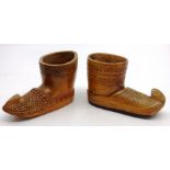 2 hand carved ornamental similar Dutch mahogany clogs , early 20th C7cm high 12cm length good