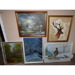 Various modern oil paintings to include Pheasants in a snowy landscape, mountainous landscape with