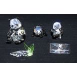 Swarovski Crystal Endangered Wildlife Pandas, mother and baby panda and another cub and 2 plaques