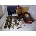 Mixed collection to include 2 clocks , a BBC millennium book , horse brasses and other items