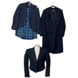 A blue and green vintage kilt and prince Charlie jacket. a 1930s/40s mess jacket, an early 20th