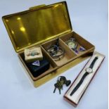 Brass box containing five ladies wrist watches; an Ingersoll triumph pocketwatch on a brass