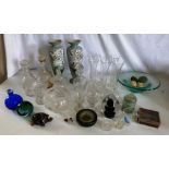 Collection of mixed glass to include a pair of Victorian vases , 3 decanters , bowls , paper weights