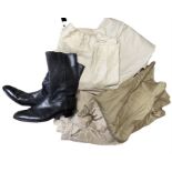 black riding boots, spurs, harry hall jodhpurs, one pair of military riding breeches and two pairs