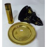 A brass tray plate and vase and a peppier mache corner wall shelf , af