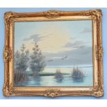 Continental School 20th century: ducks in flight at the edge of lakes, unsigned, 50cm by 60cm, oil