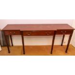 A reproduction mahogany slim three drawer sideboard in neo-classical style, of three drawers,