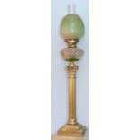 A decorative Victorian brass table oil lamp, with Corinthian column, cut glass reservoir, Hinks