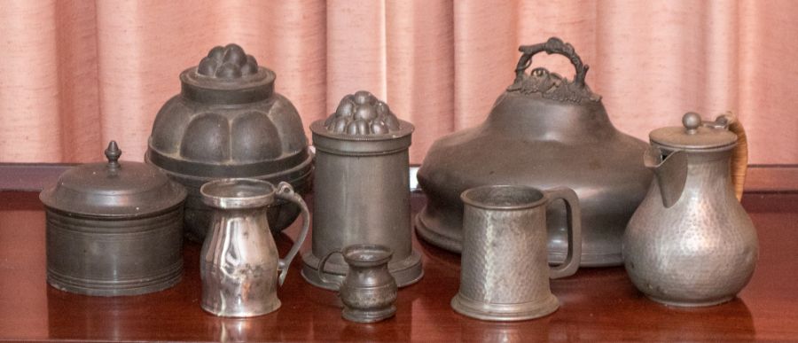 A Collection of mainly pewter, plate, and Britannia metal items including a quart ice cream mould,
