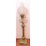 A late Victorian brass and champleve enamel mounted alabaster table oil lamp circa 1900, with later