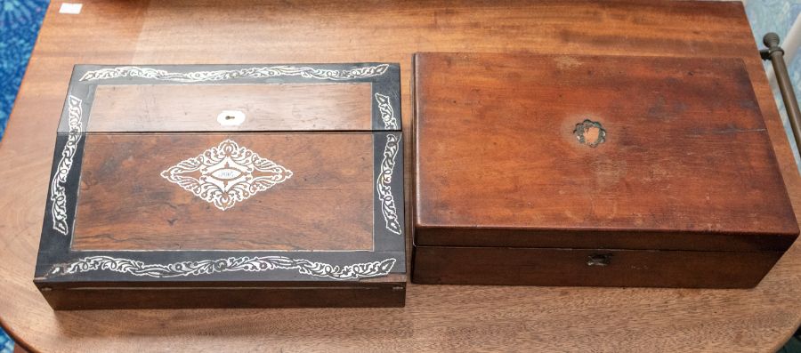 An early Victorian rosewood and mother of pearl inlaid work box, 35.5cm wide: another mahogany