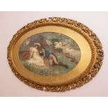 A pair of Victorian oval romantic colour prints of lovers by a river, and in a punt, 37cm by 56 cm,