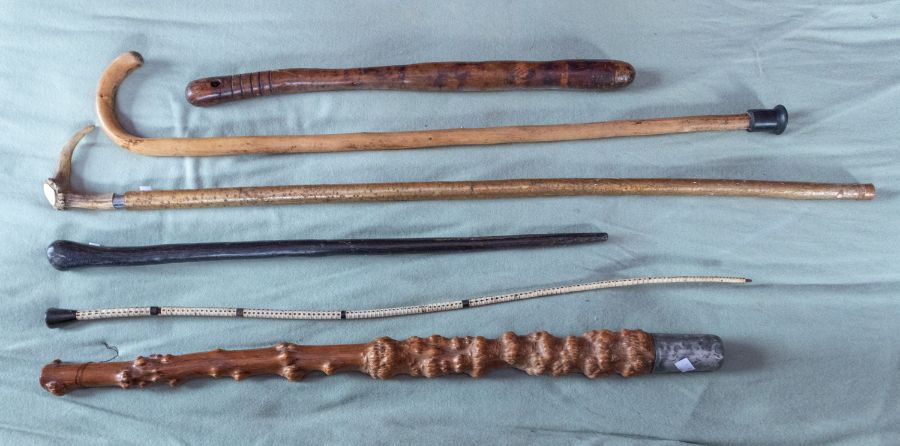 A 19th century lead capped  blackthorn club, 83cm long. 5 other sticks/truncheons (6)