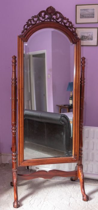 An ornate reproduction large cheval mirror in high Victorian style, 201cm high