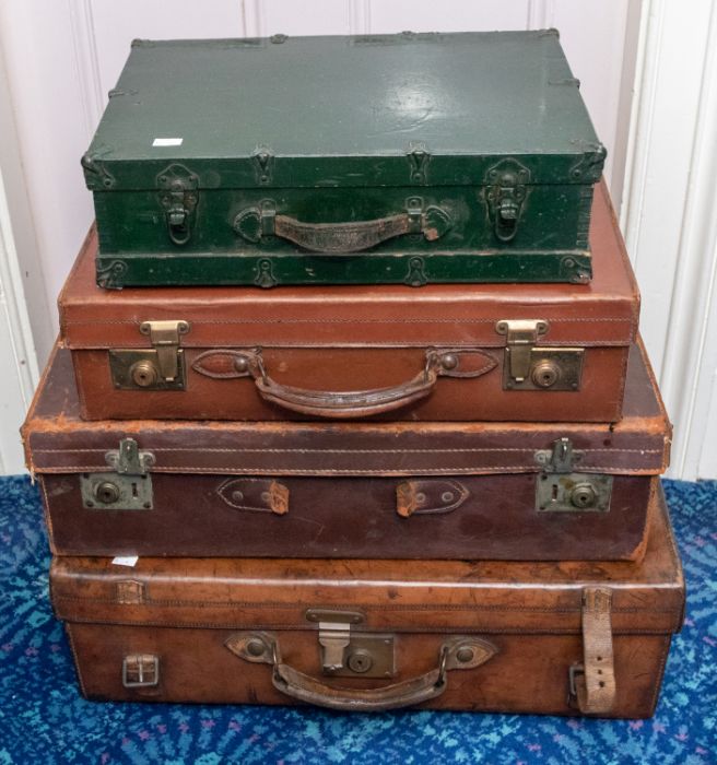Four items of luggage including a pigskin suitcase