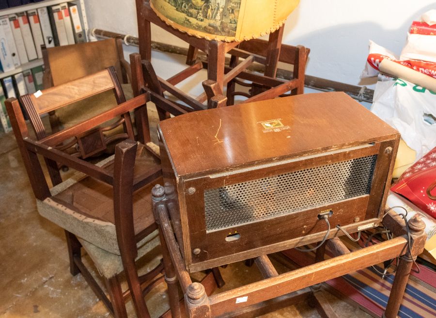 A 1930s fireside chair. Sundry reproduction dining chairs, a stick stand, deck chairs, an HMV - Image 4 of 4