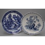 An 18th century Worcester saucer dish, decorated underglaze blue with ' Conversation' pattern,