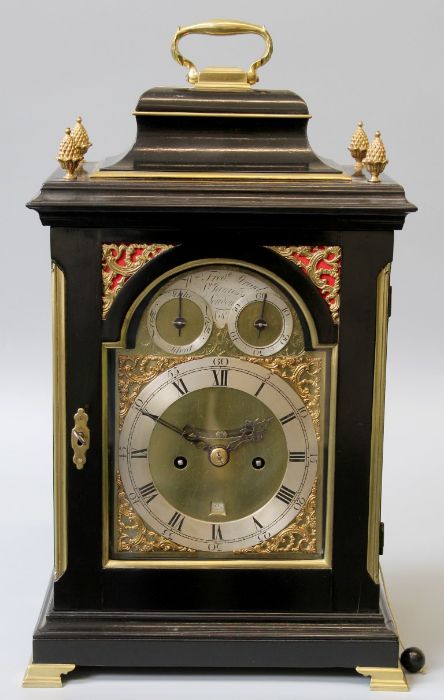 William Frederick Strigel, London, inverted bell top twin fusee verge ebonised bracket clock. Two