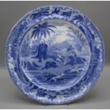 An early 19th century Spode blue and white pottery plate, printed with Death of the Bear pattern.