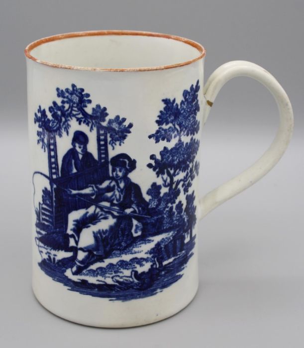 An 18th century Worcester porcelain half pint tankard, decorated underglaze with ' La Peche' and '