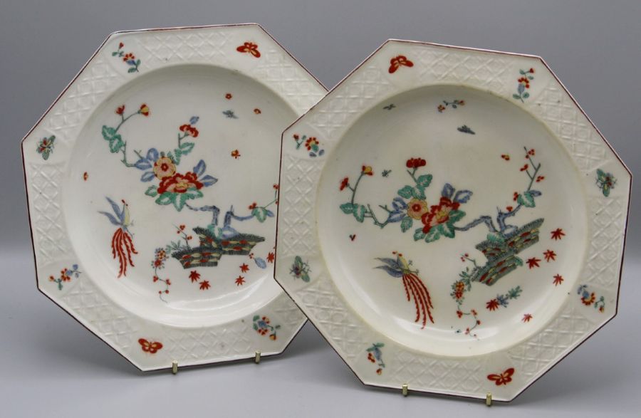 A pair of mid 18th century Chelsea porcelain octagonal plates, polychrome enamel decorated in the