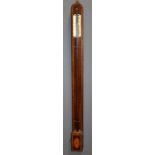 An early 19th century mahogany stick barometer, crossbanded case with patera inlaid cistern cover,