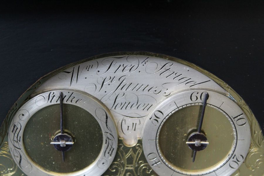 William Frederick Strigel, London, inverted bell top twin fusee verge ebonised bracket clock. Two - Image 5 of 9