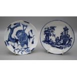 An 18th century Bow porcelain saucer decorated with a dragon in underglaze blue, 12.5cm (faults)