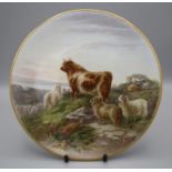 A late 19th century bone china plate, polychrome enamel decorated with bull, cow and sheep in a