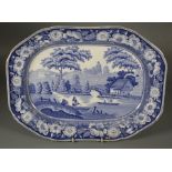 An early 19th century blue and white pottery meat platter, printed with Wild Rose pattern, 32 x