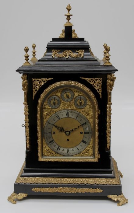 A large boardroom or table clock, in ebonised case adorned with gilded castings, with eight day - Image 12 of 12
