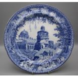 An early 19th century blue and white pottery plate, printed underglaze with Monopteris pattern.