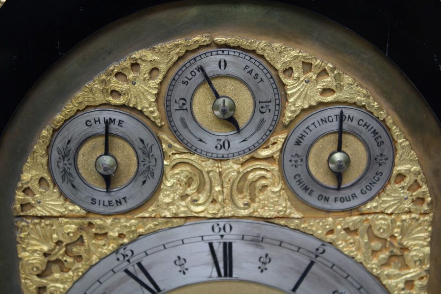 A large boardroom or table clock, in ebonised case adorned with gilded castings, with eight day - Image 7 of 12
